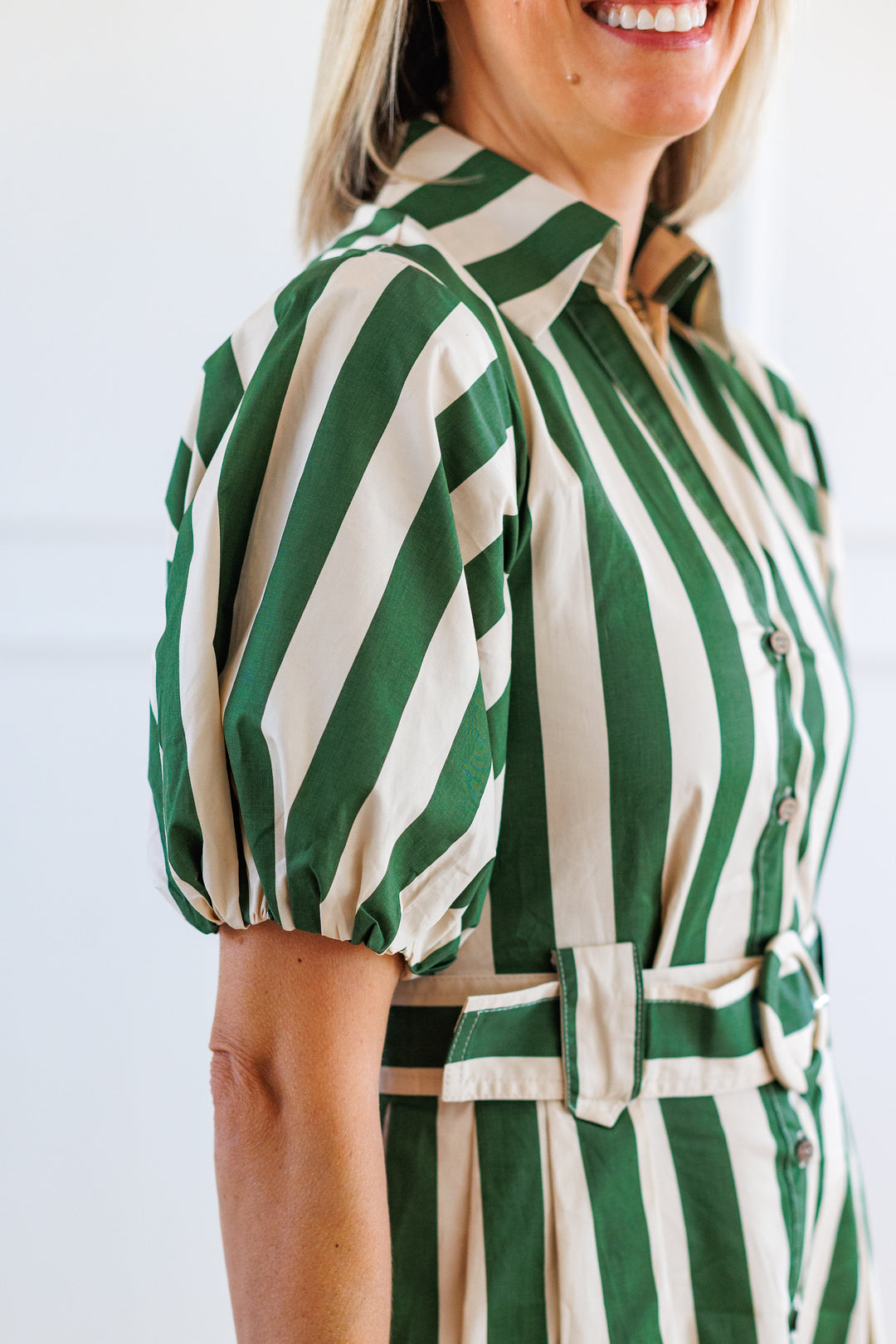 STRIPE BELTED SHIRT DRESS - GREEN &amp; LIGHT TAUPE