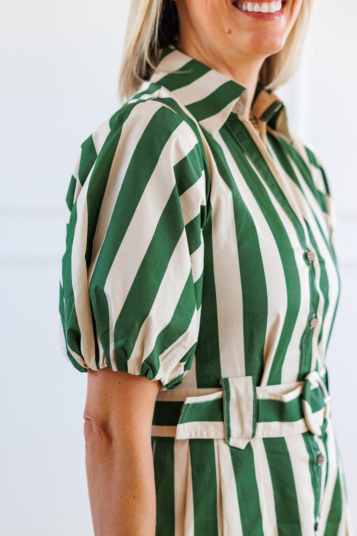 STRIPE BELTED SHIRT DRESS - GREEN &amp; LIGHT TAUPE