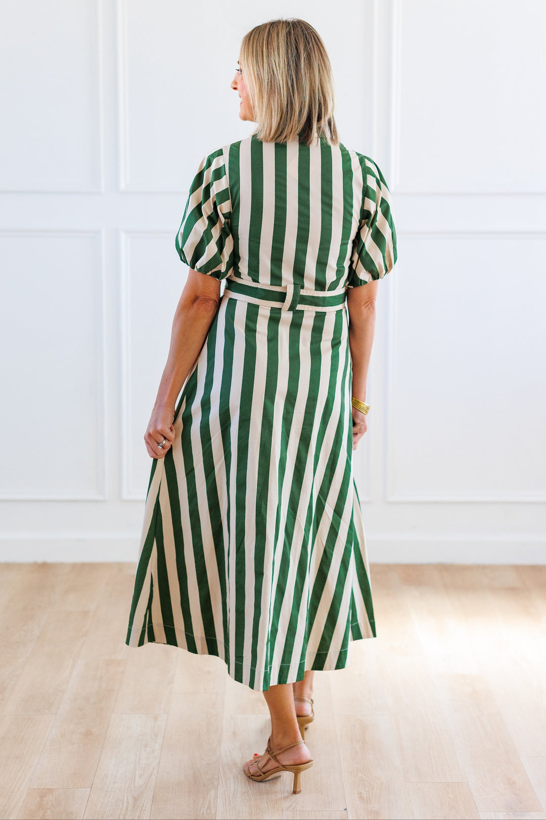 STRIPE BELTED SHIRT DRESS - GREEN &amp; LIGHT TAUPE