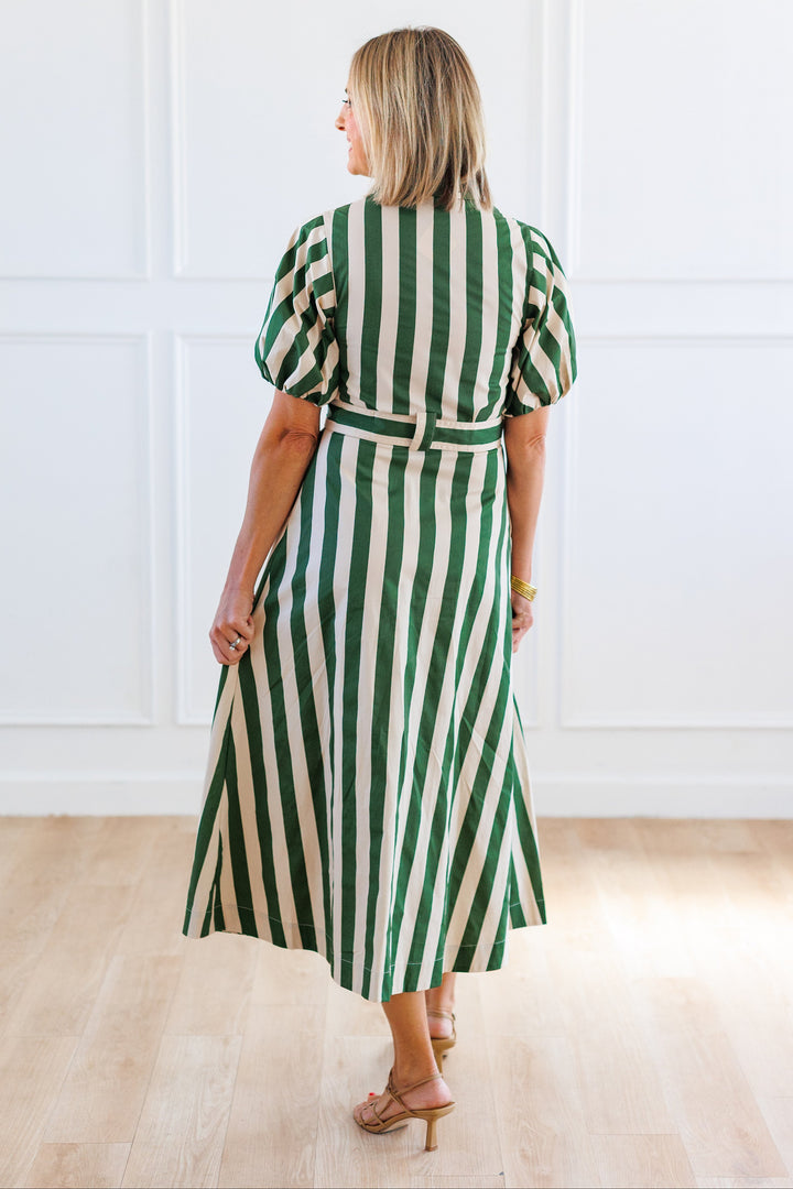 STRIPE BELTED SHIRT DRESS - GREEN &amp; LIGHT TAUPE