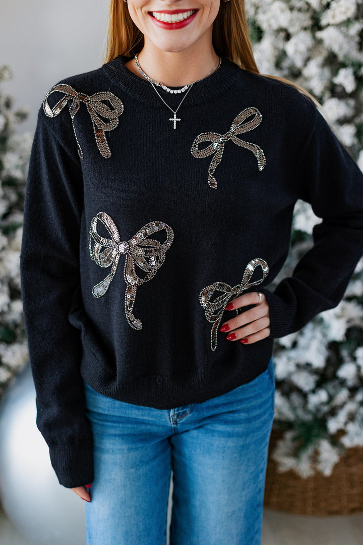 BLACK SEQUIN BOW SWEATER