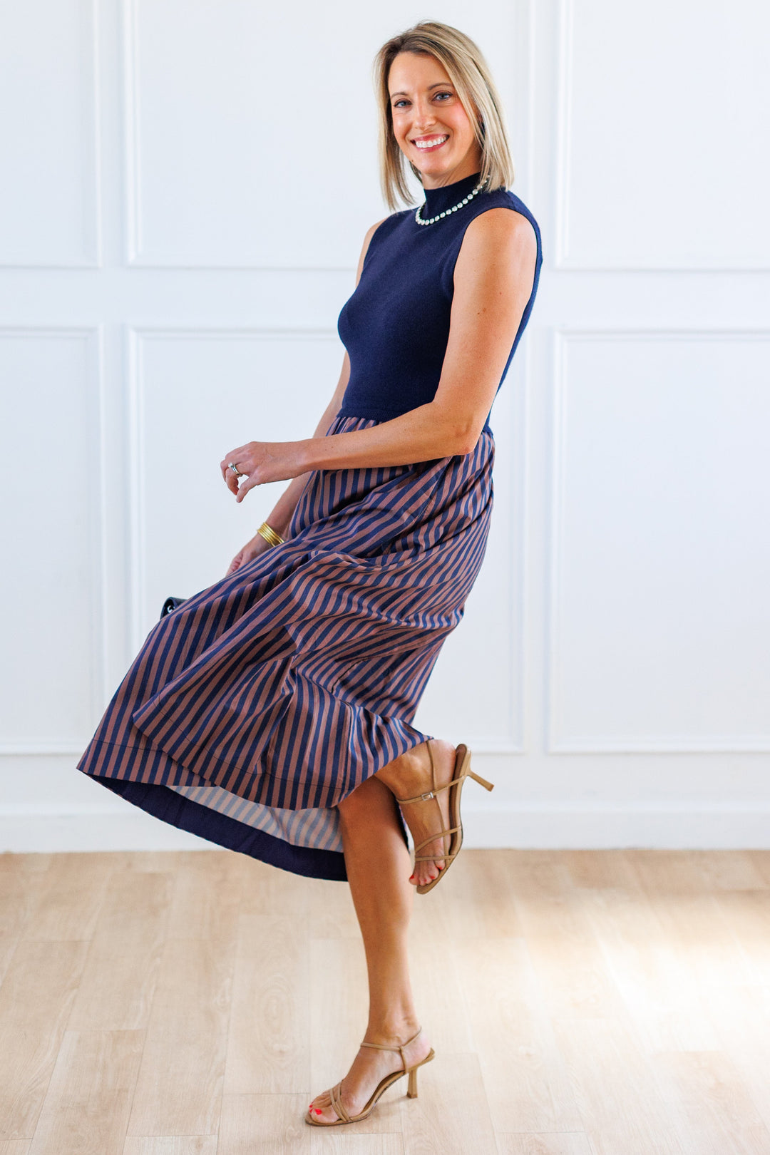 NAVY STRIPE COMBO MIDI DRESS