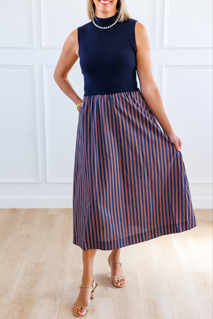 NAVY STRIPE COMBO MIDI DRESS