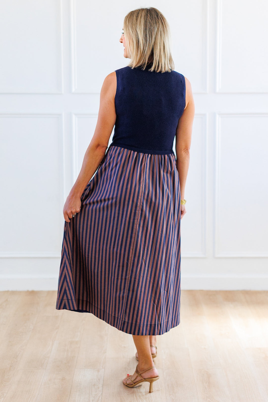 NAVY STRIPE COMBO MIDI DRESS