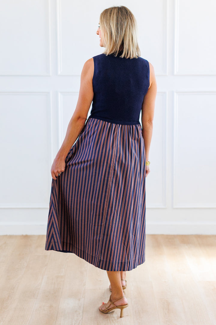NAVY STRIPE COMBO MIDI DRESS
