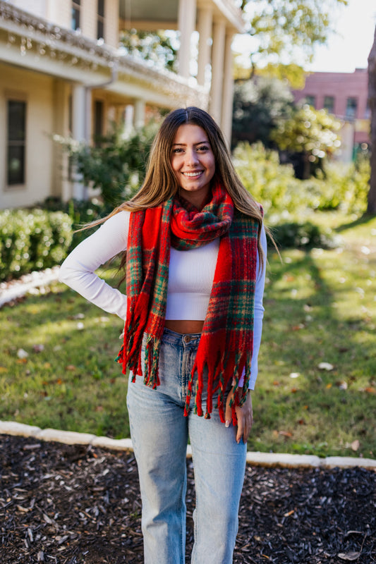 PLAID BRUSHED SCARF RED