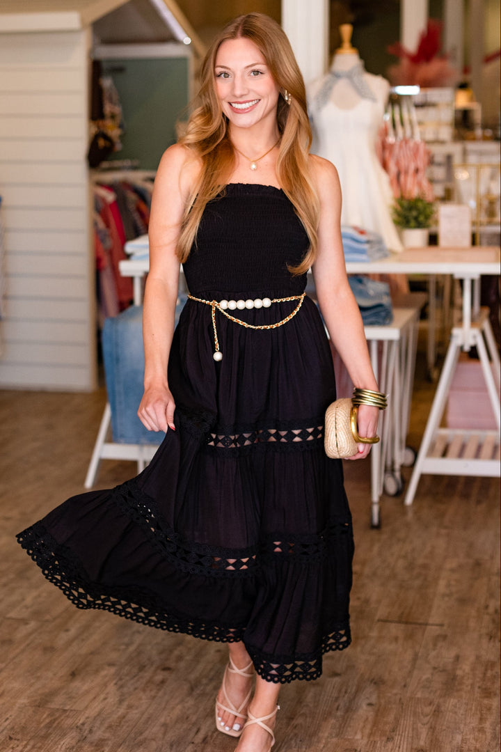 STRAPLESS LACE DETAIL MAXI DRESS- MIDNIGHT BLACK