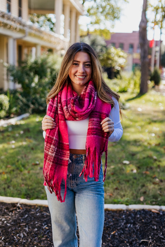 PLAID BRUSHED SCARF PINK/RED