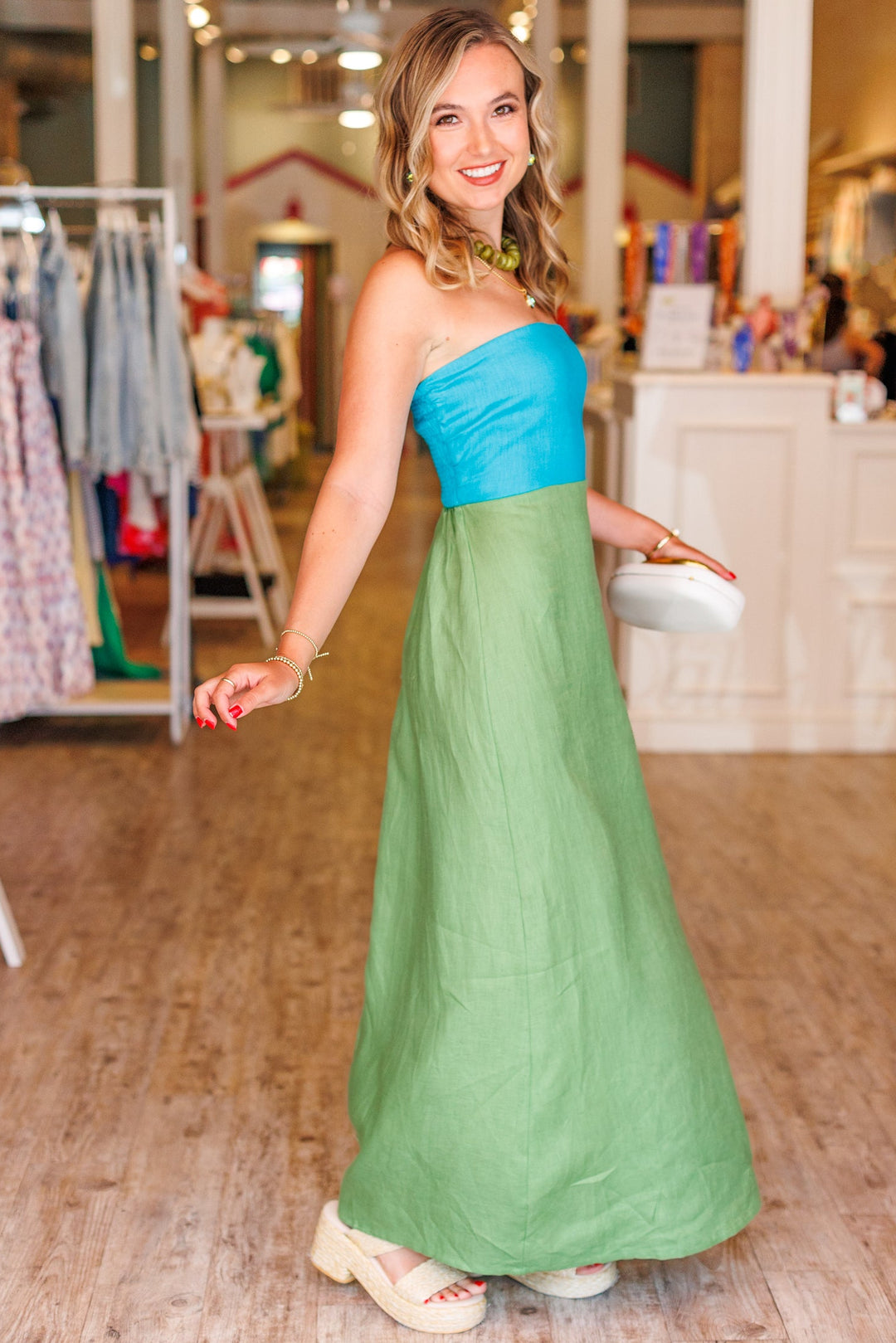 Aqua Green Colorblock Strapless Linen Maxi Dress