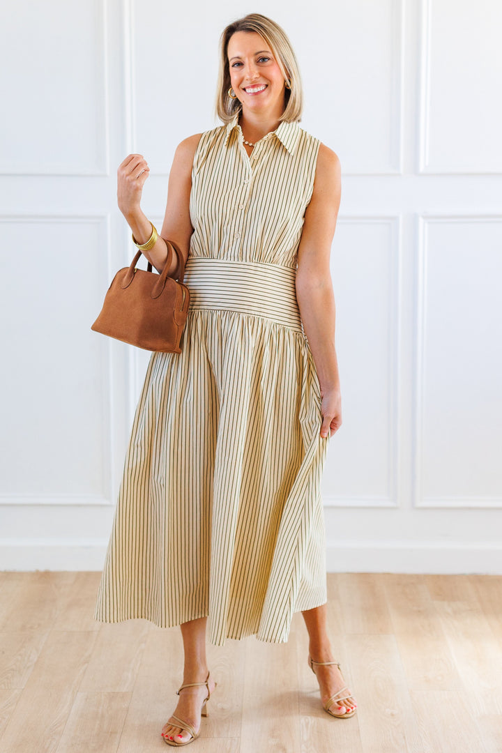 IVORY STRIPED CURVED YOKE MIDI DRESS