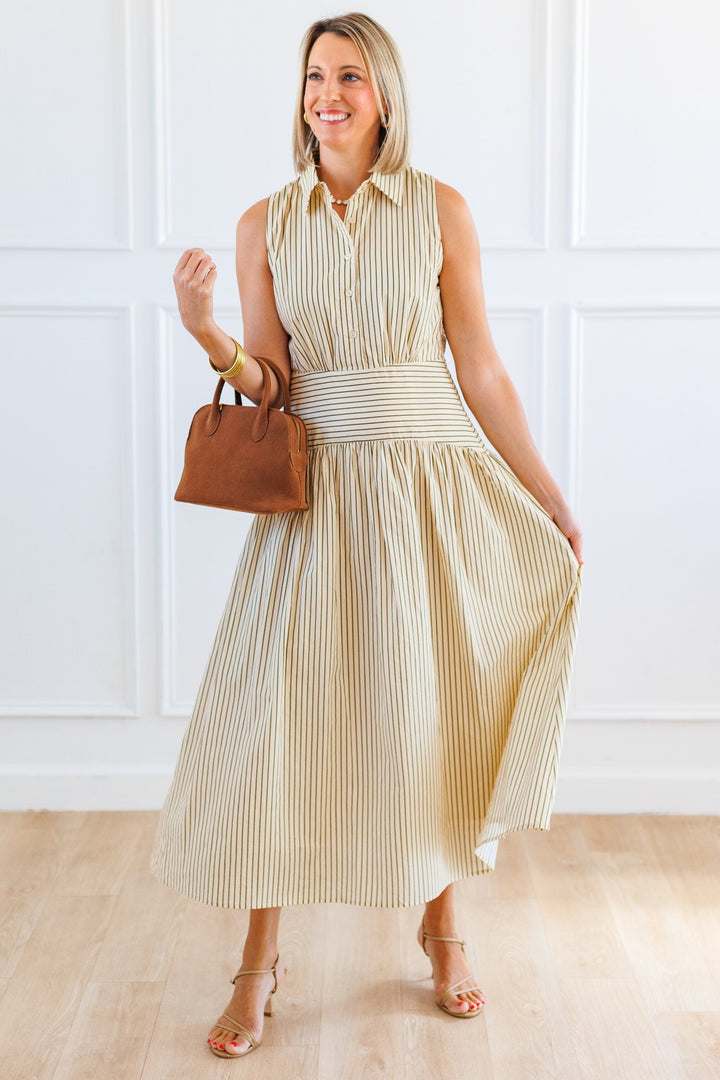 IVORY STRIPED CURVED YOKE MIDI DRESS