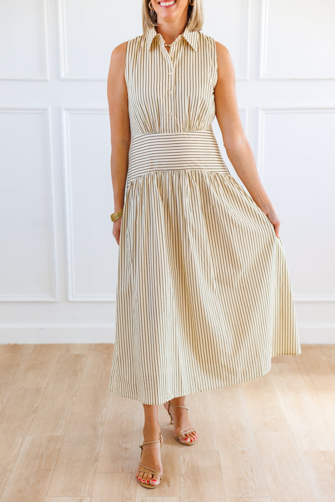 IVORY STRIPED CURVED YOKE MIDI DRESS