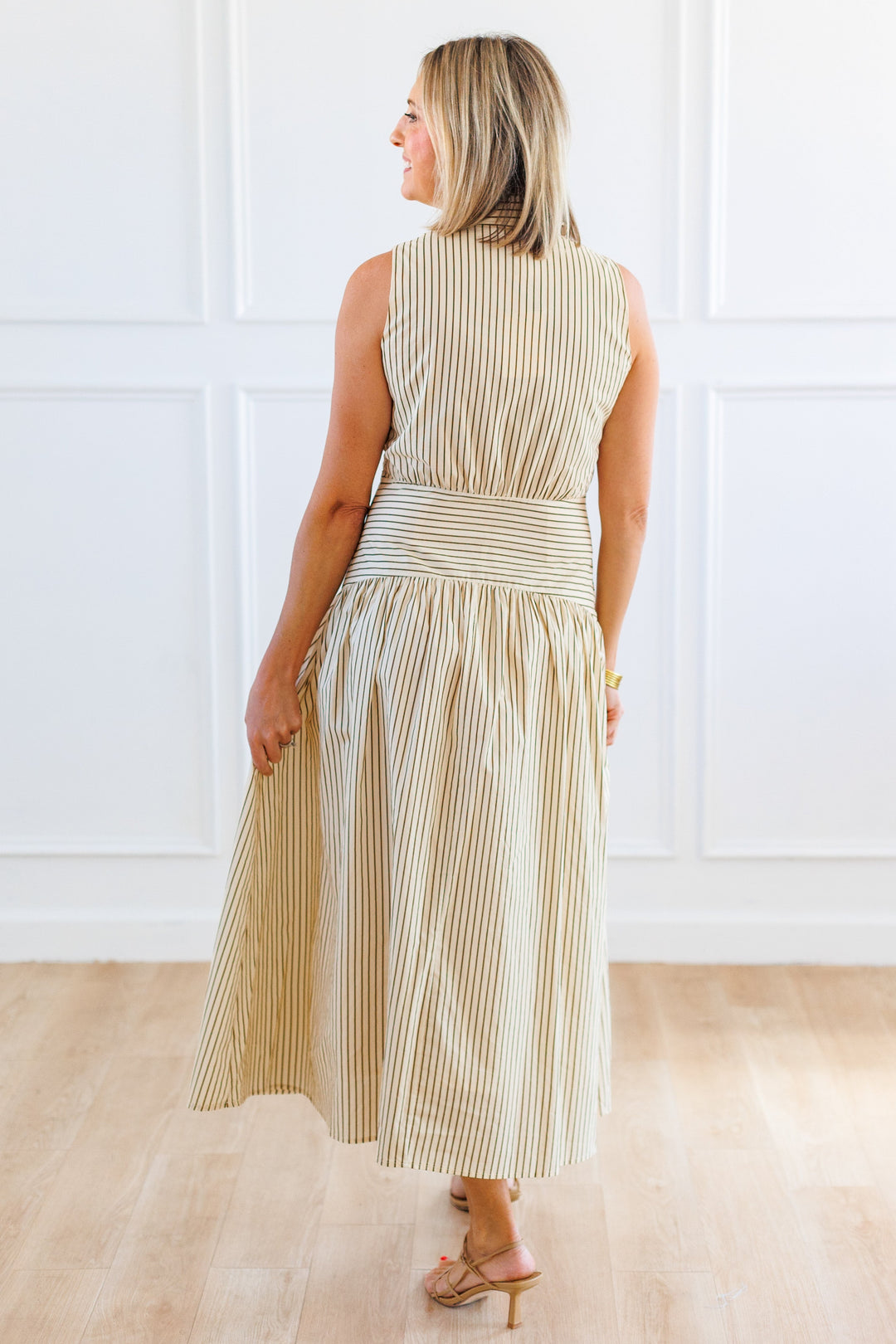 IVORY STRIPED CURVED YOKE MIDI DRESS