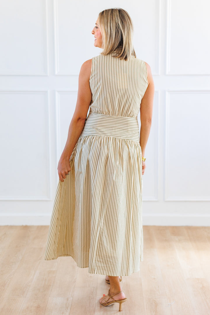 IVORY STRIPED CURVED YOKE MIDI DRESS