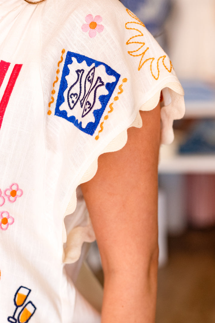 BEACH VACAY EMBROIDERED MINI DRESS