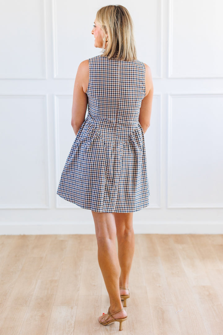 BROWN &amp; NAVY GINGHAM DROP WAIST DRESS