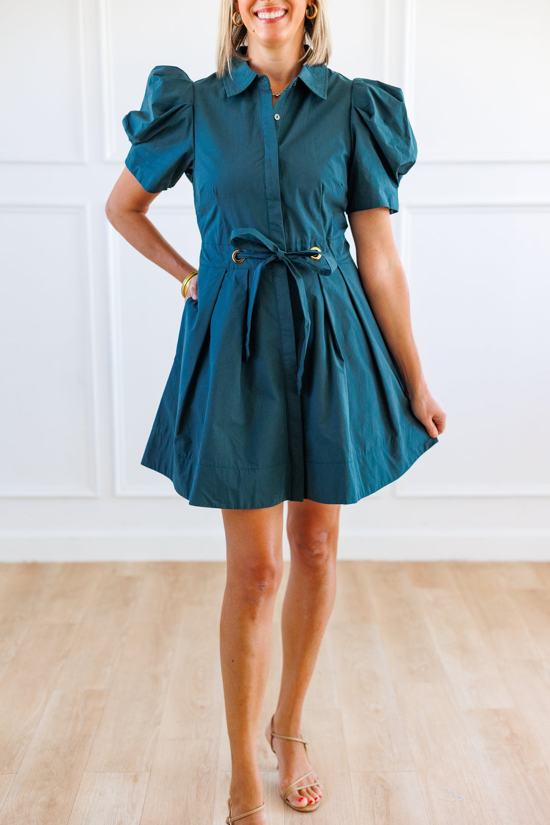 HUNTER GREEN TIE WAIST COLLARED DRESS
