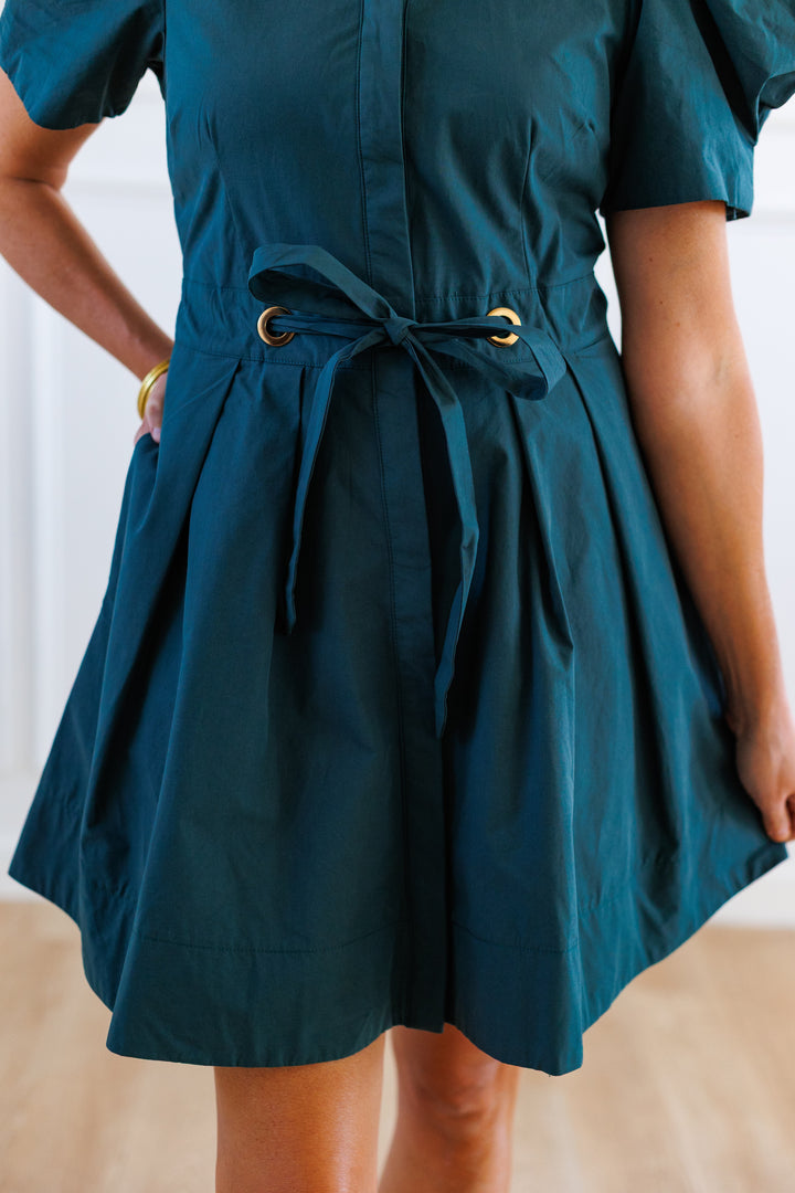 HUNTER GREEN TIE WAIST COLLARED DRESS