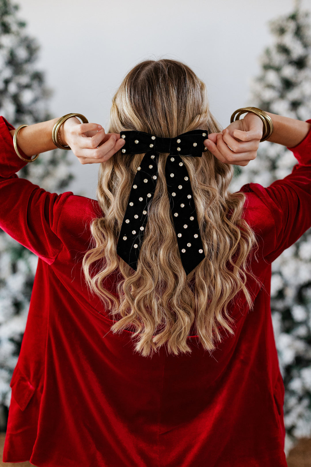 VELVET & RHINESTONE BOW CLIP- BLACK
