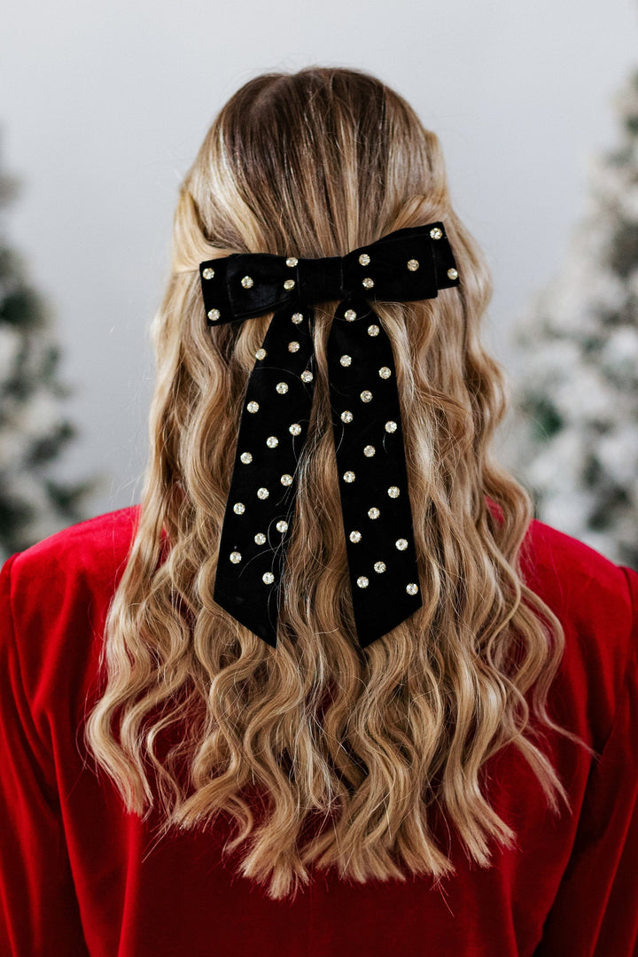 VELVET & RHINESTONE BOW CLIP- BLACK