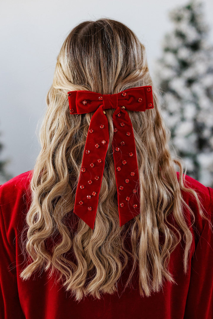 VELVET & RHINESTONE BOW CLIP- RED