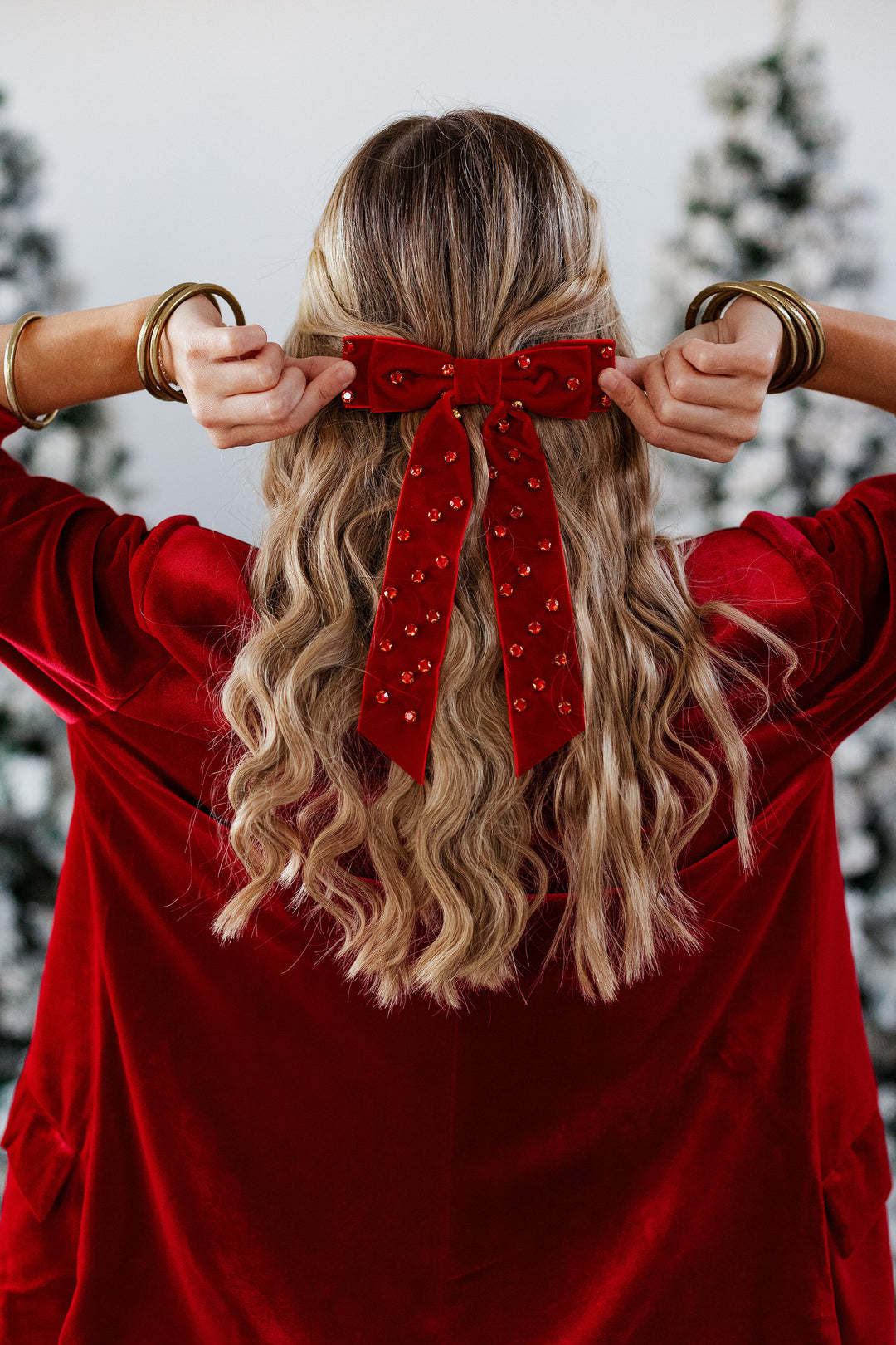 VELVET & RHINESTONE BOW CLIP- RED