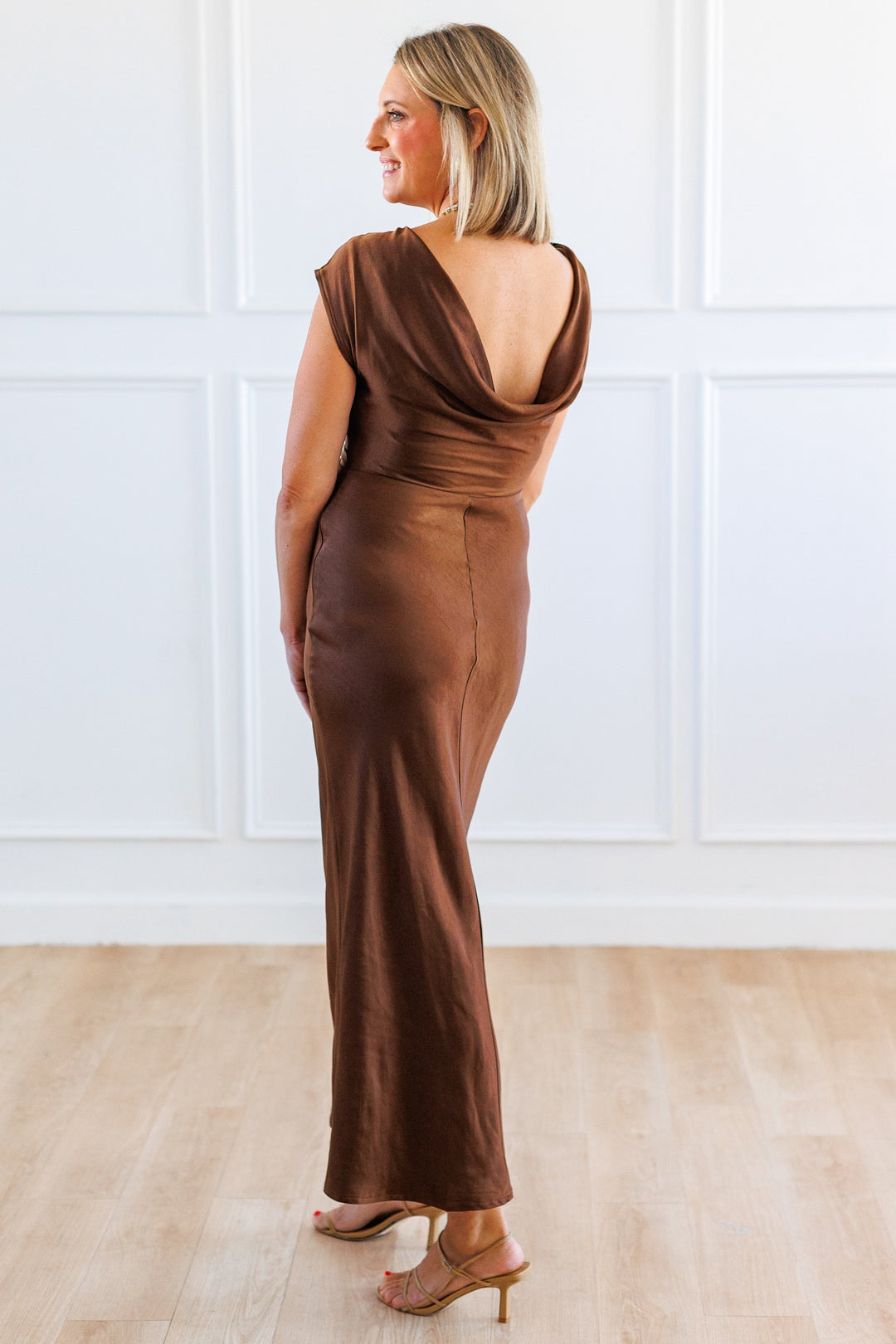 CHOCOLATE DRAPE FRONT MAXI DRESS