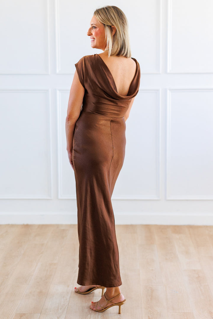 CHOCOLATE DRAPE FRONT MAXI DRESS