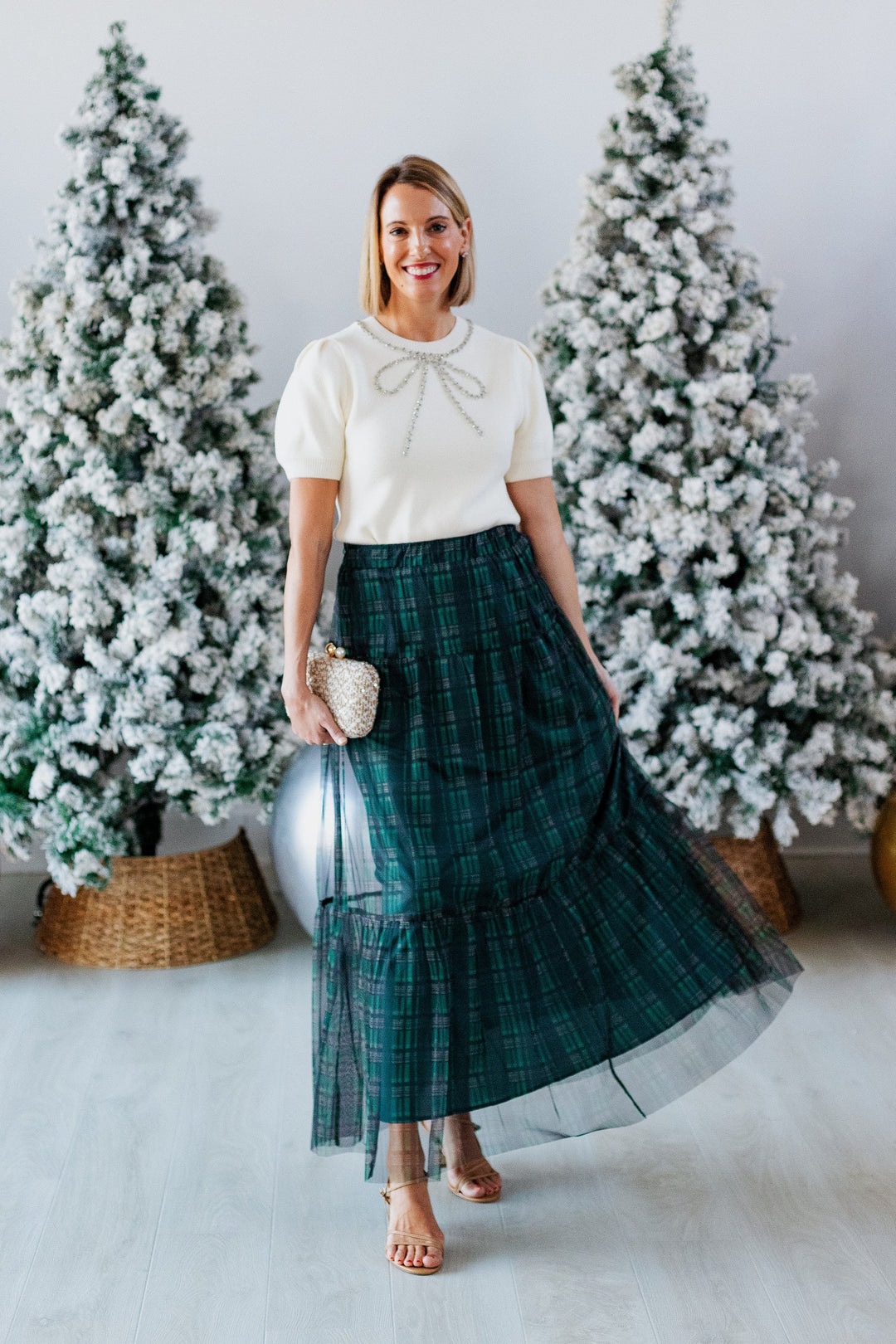 PINE GREEN ORGANZA PLAID MAXI SKIRT
