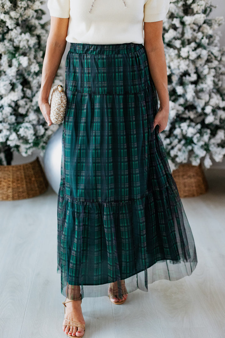 PINE GREEN ORGANZA PLAID MAXI SKIRT