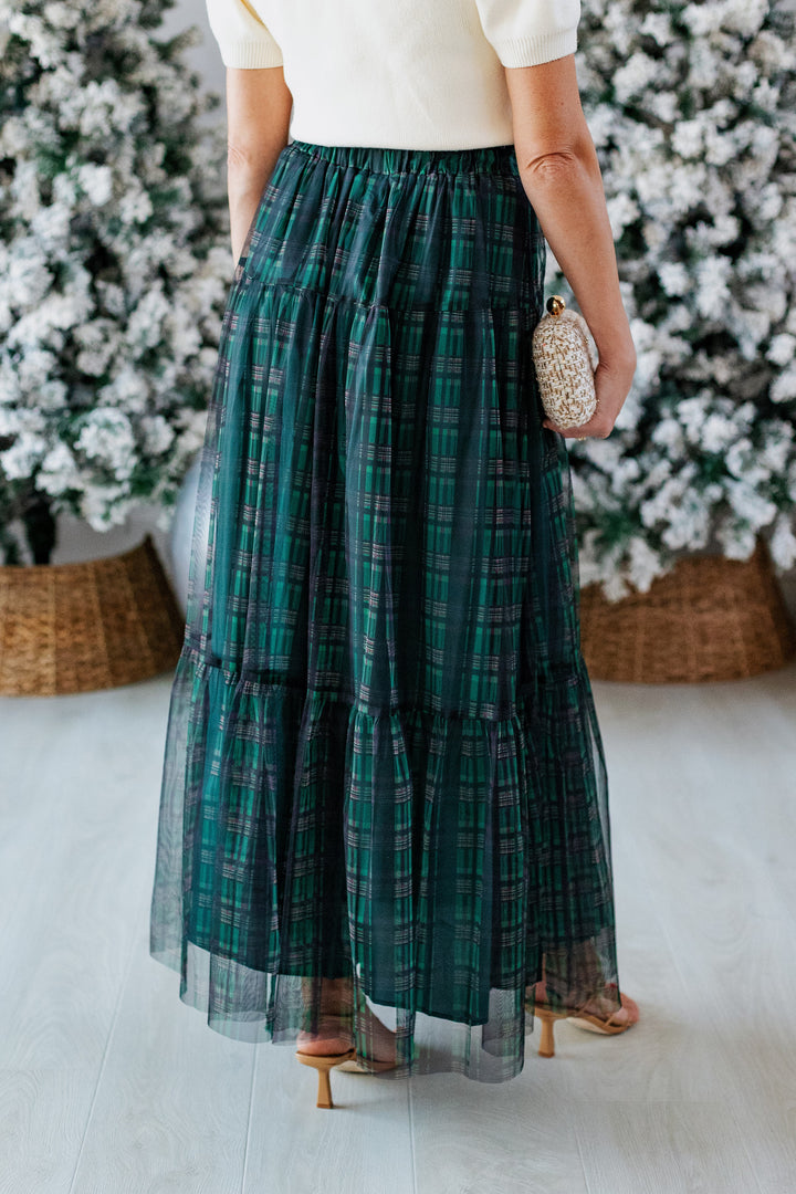 PINE GREEN ORGANZA PLAID MAXI SKIRT