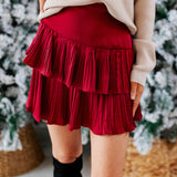 Sweet Red Wine Satin Ruffle Skort