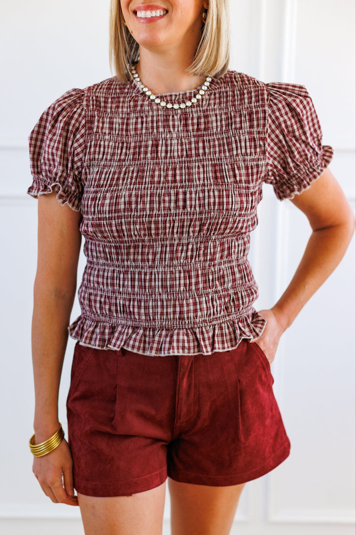 WINE &amp; TAUPE PLAID SMOCKED PUFF SLEEVE TOP