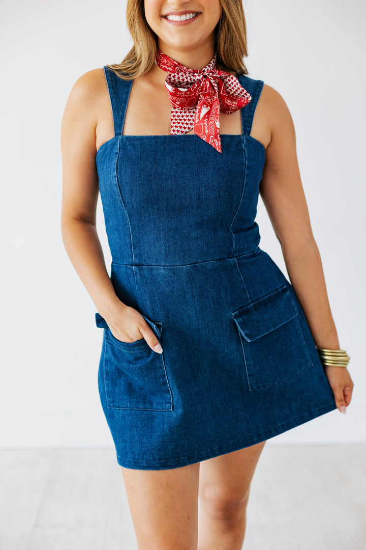 DARK DENIM SQUARE NECK ROMPER DRESS