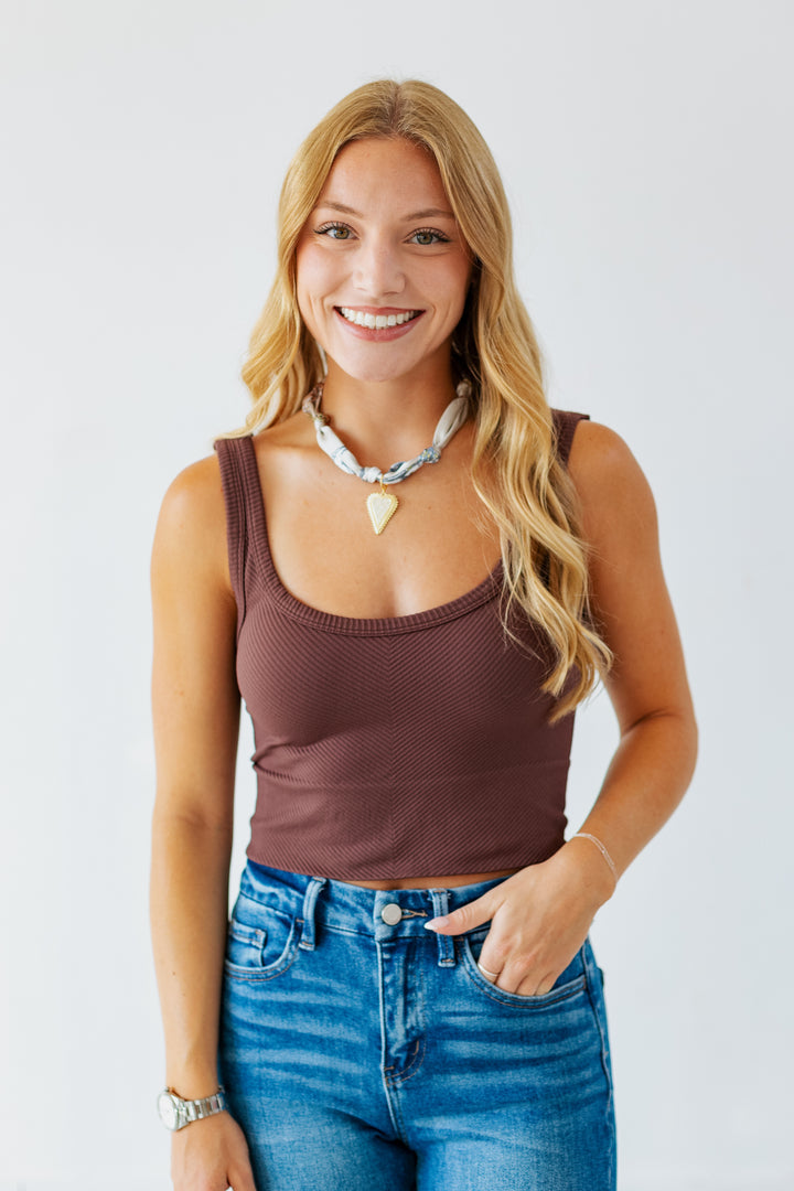 NIKIBIKI CHEVRON RIBBED CROP TOP- FRENCH ROAST
