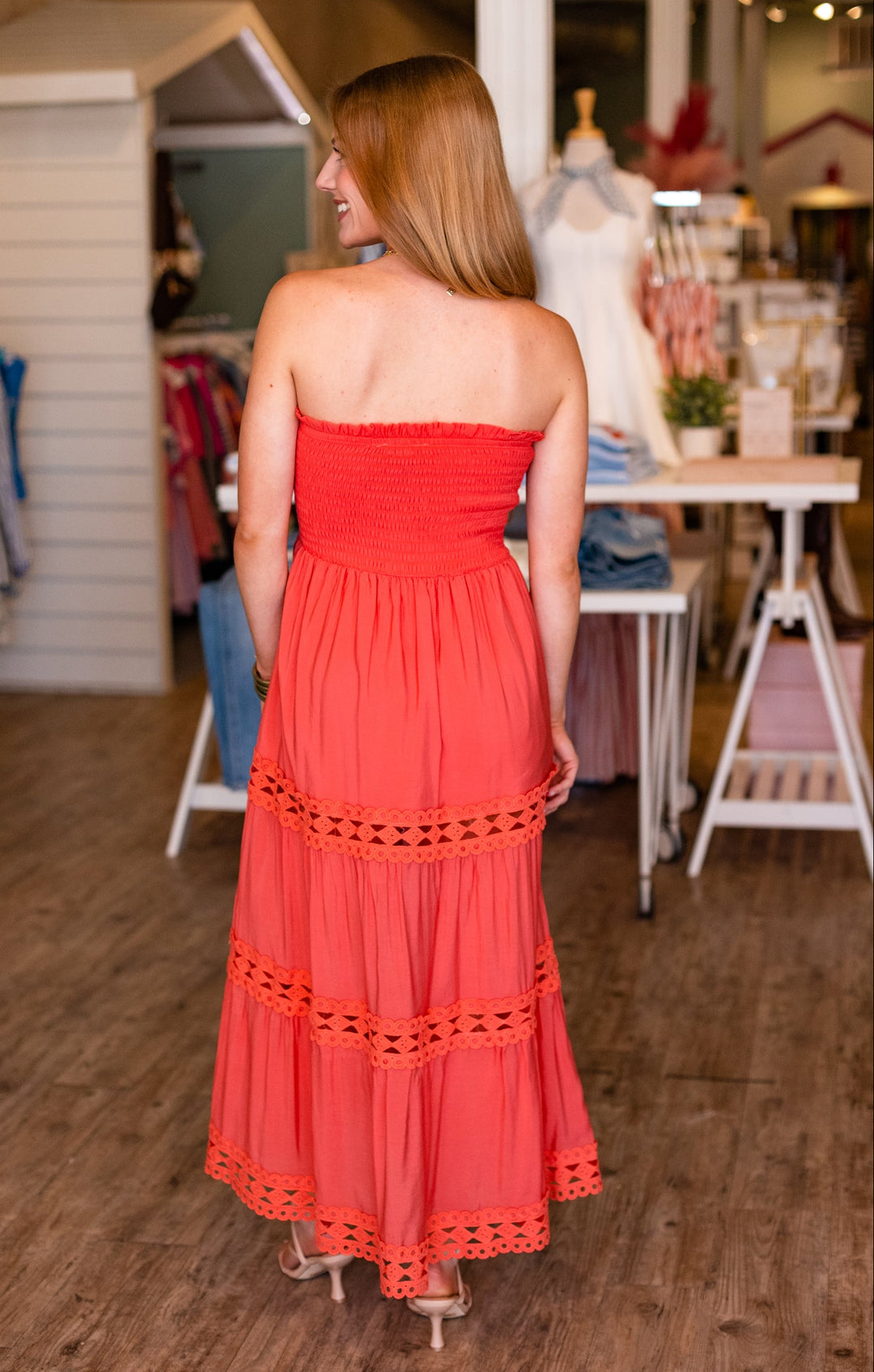 STRAPLESS LACE DETAIL MAXI DRESS- PINK BRIGHT