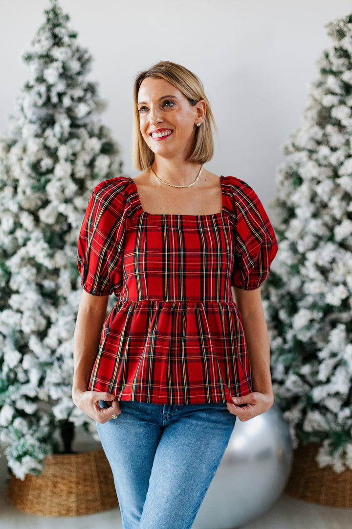 HOLIDAY RED PLAID PEPLUM TOP