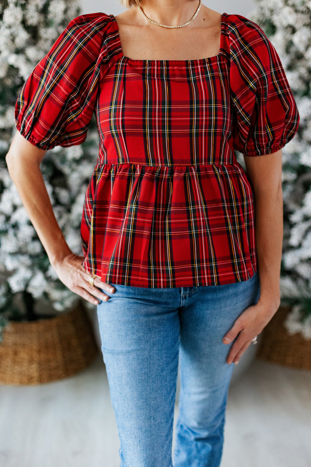 HOLIDAY RED PLAID PEPLUM TOP