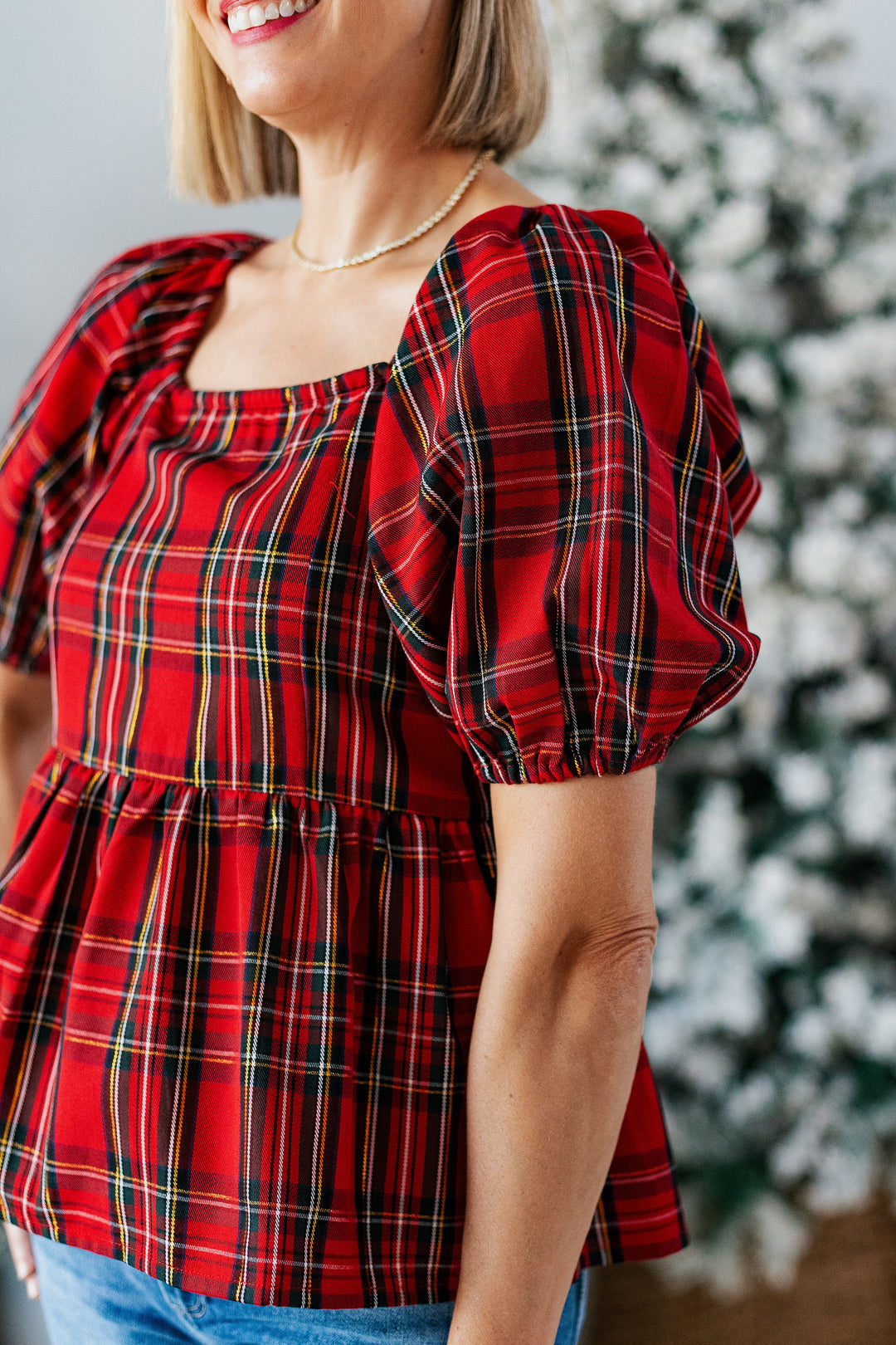 HOLIDAY RED PLAID PEPLUM TOP