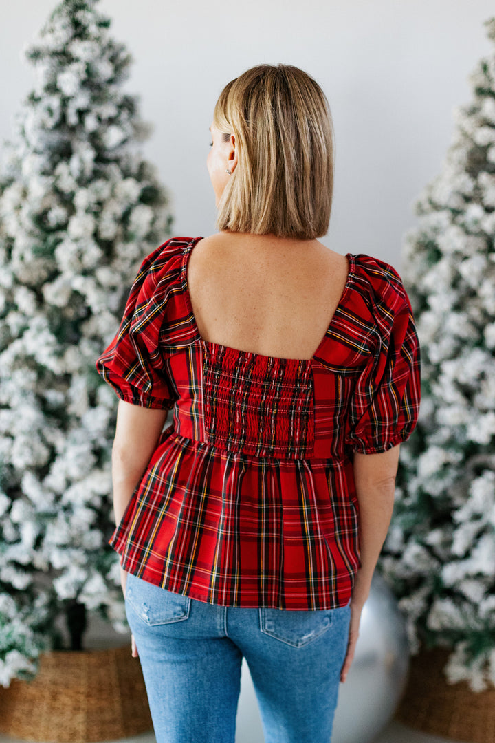 HOLIDAY RED PLAID PEPLUM TOP