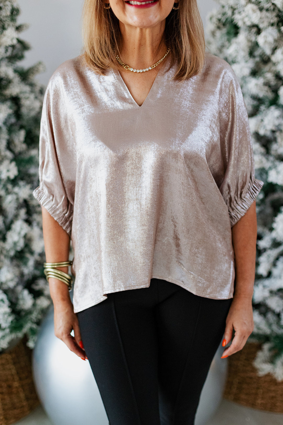 CHAMPAGNE METALLIC SHORTSLEEVE BLOUSE
