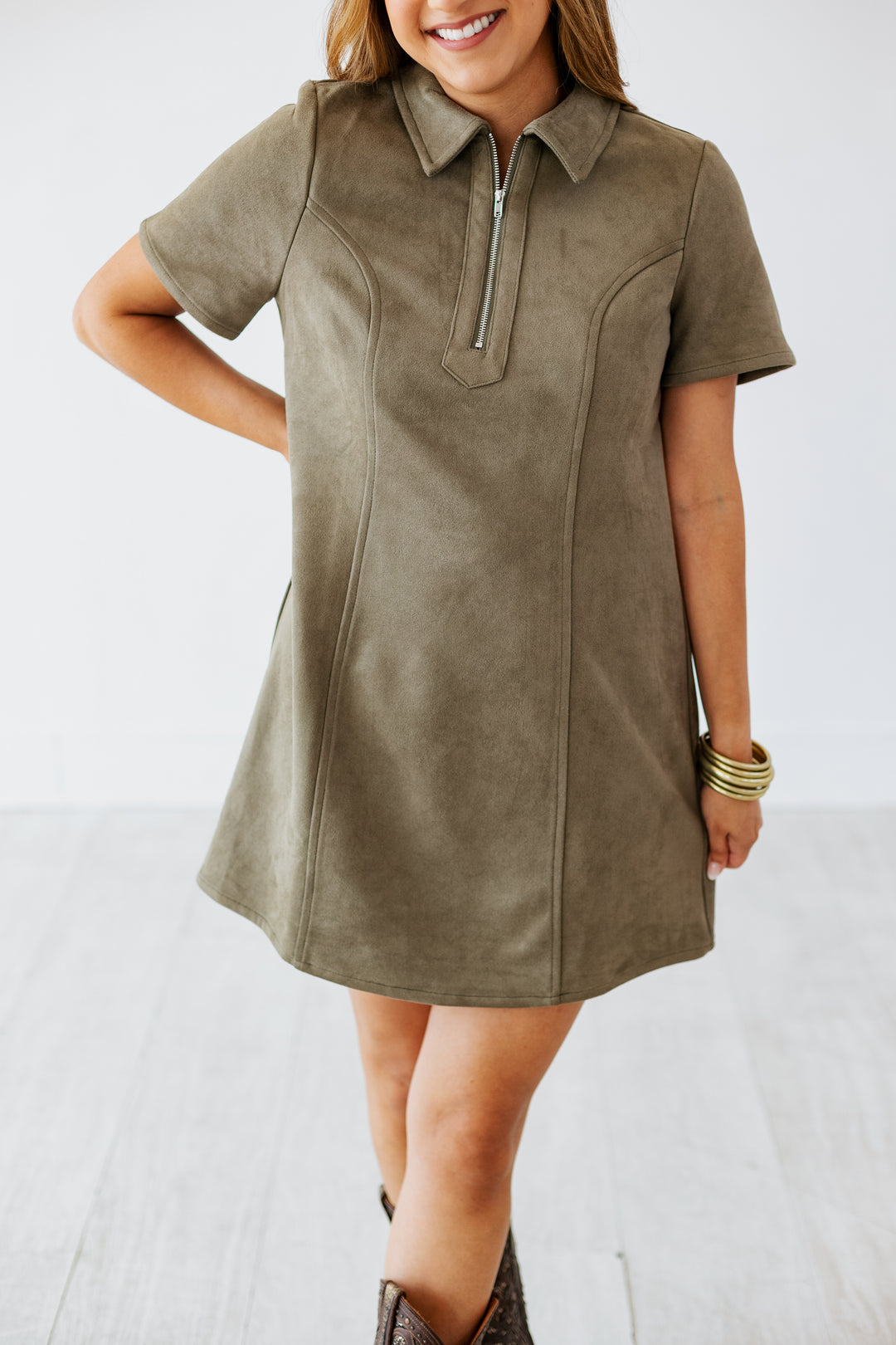 OLIVE SUEDE COLLARED DRESS