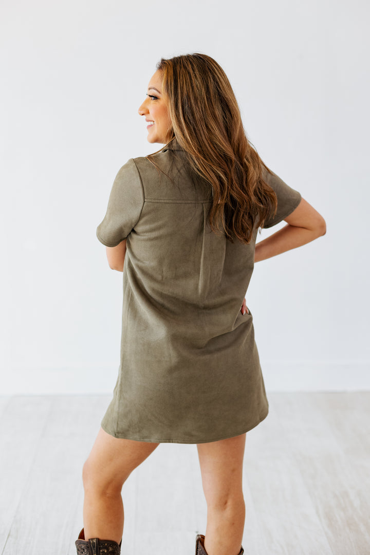OLIVE SUEDE COLLARED DRESS