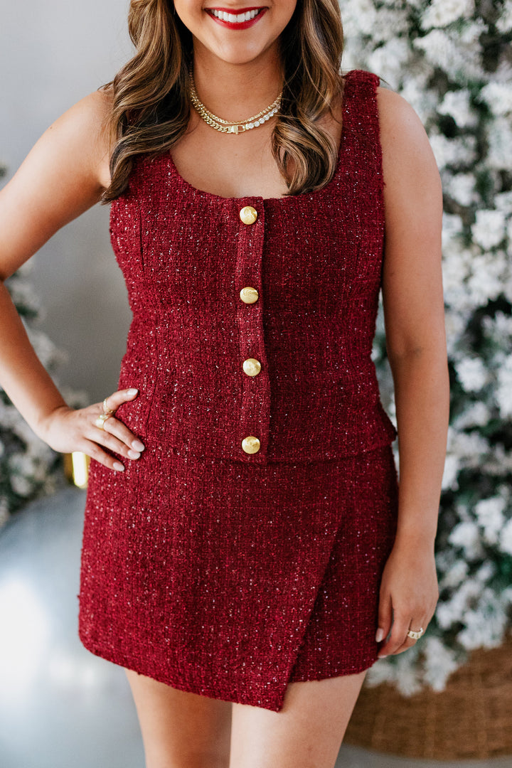 MERLOT TWEED GOLD BUTTON VEST