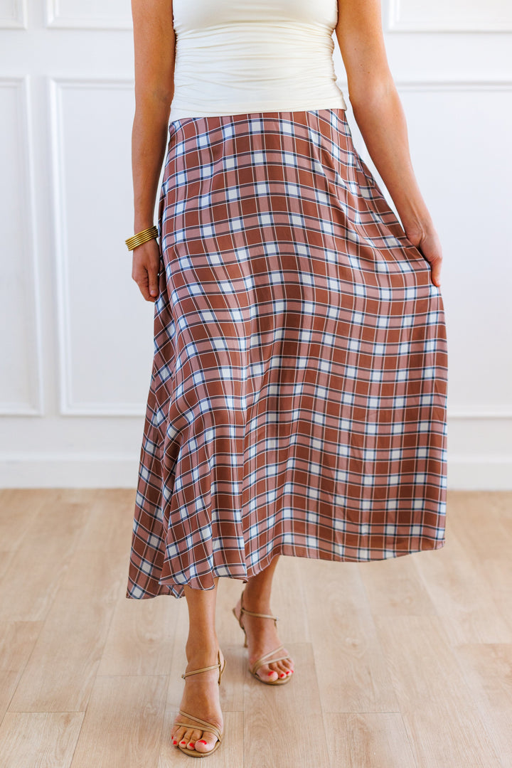 SPICE PLAID BIAS CUT MIDI SKIRT