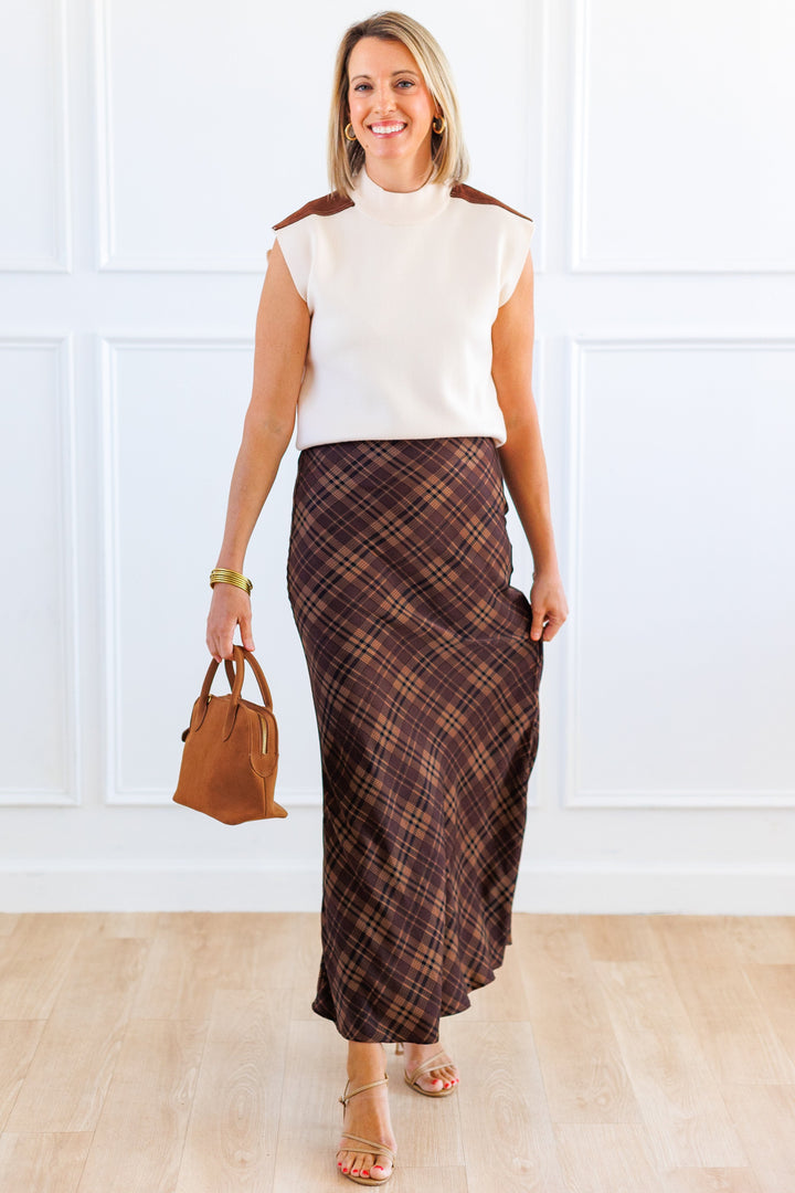 BROWN PLAID BIAS CUT MIDI SKIRT