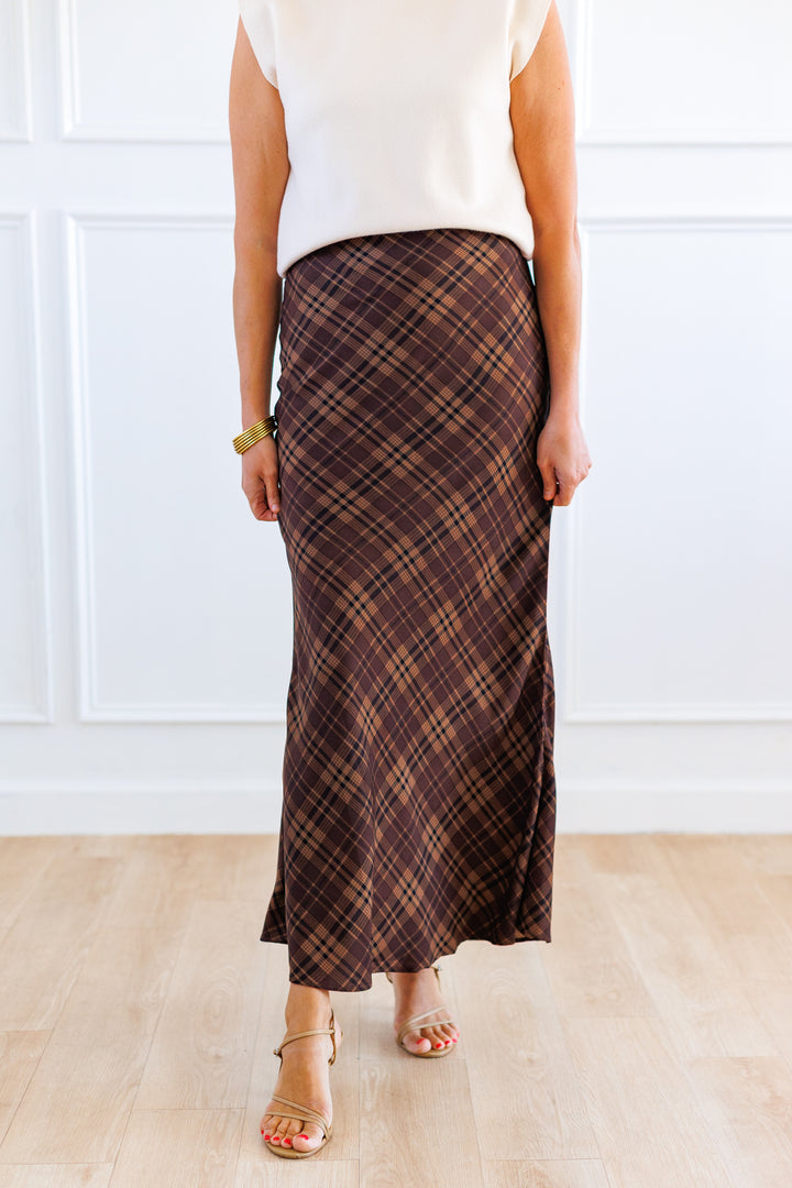 BROWN PLAID BIAS CUT MIDI SKIRT