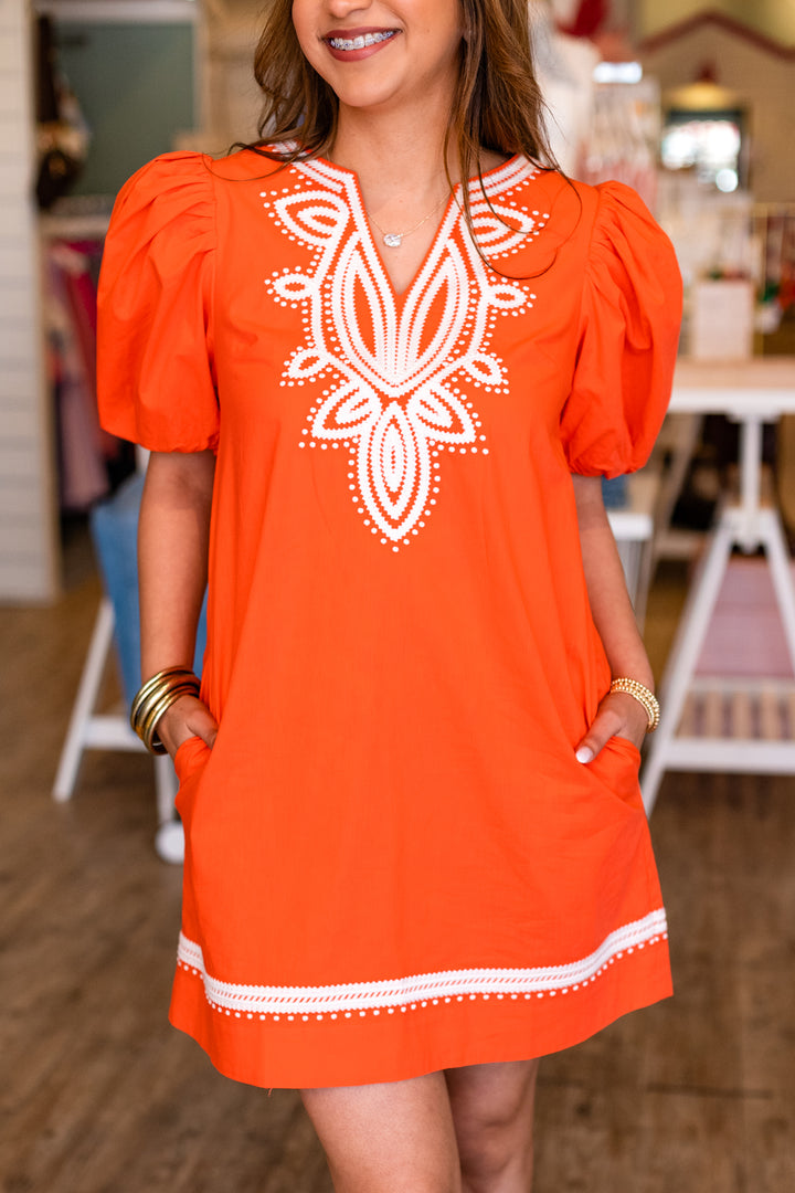 SUN ORANGE EMBROIDERED DETAIL MINI DRESS