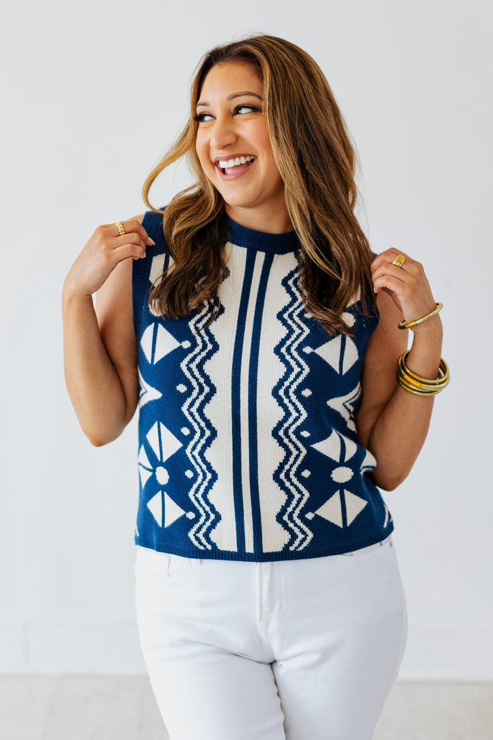 NATALIE SLEEVELESS NAVY PRINT SWEATER