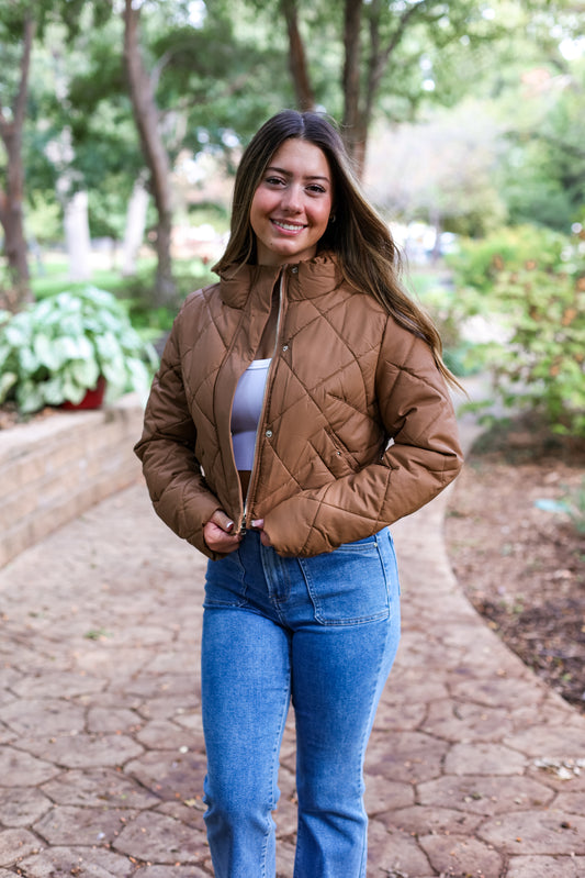 LEATHER QUILTED JACKET: CAMEL